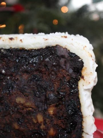 A slice of port and chocolate Christmas cake