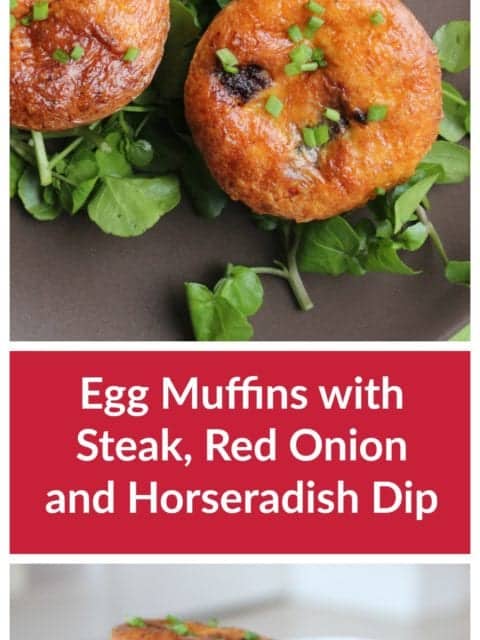these steak and red onion egg muffins are packed full flavour and are a great for a small bite. Served with a horseradish dip