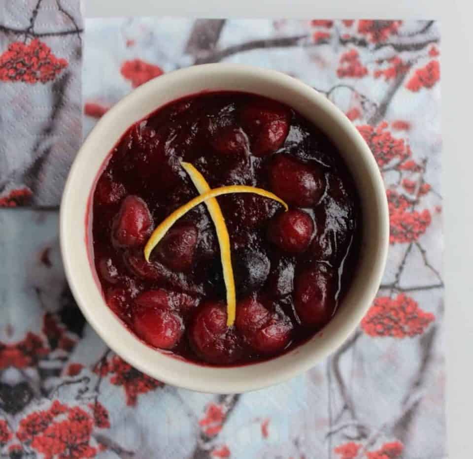 Cranberry Sauce in a white pot.