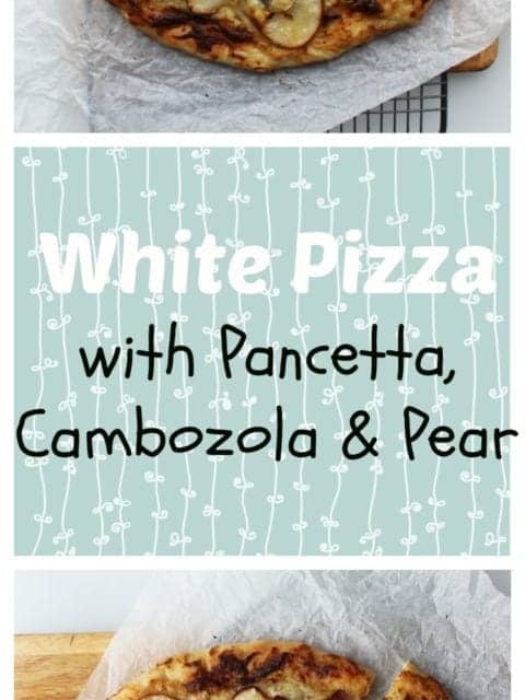 White pizza with pancetta, cambozola & pear