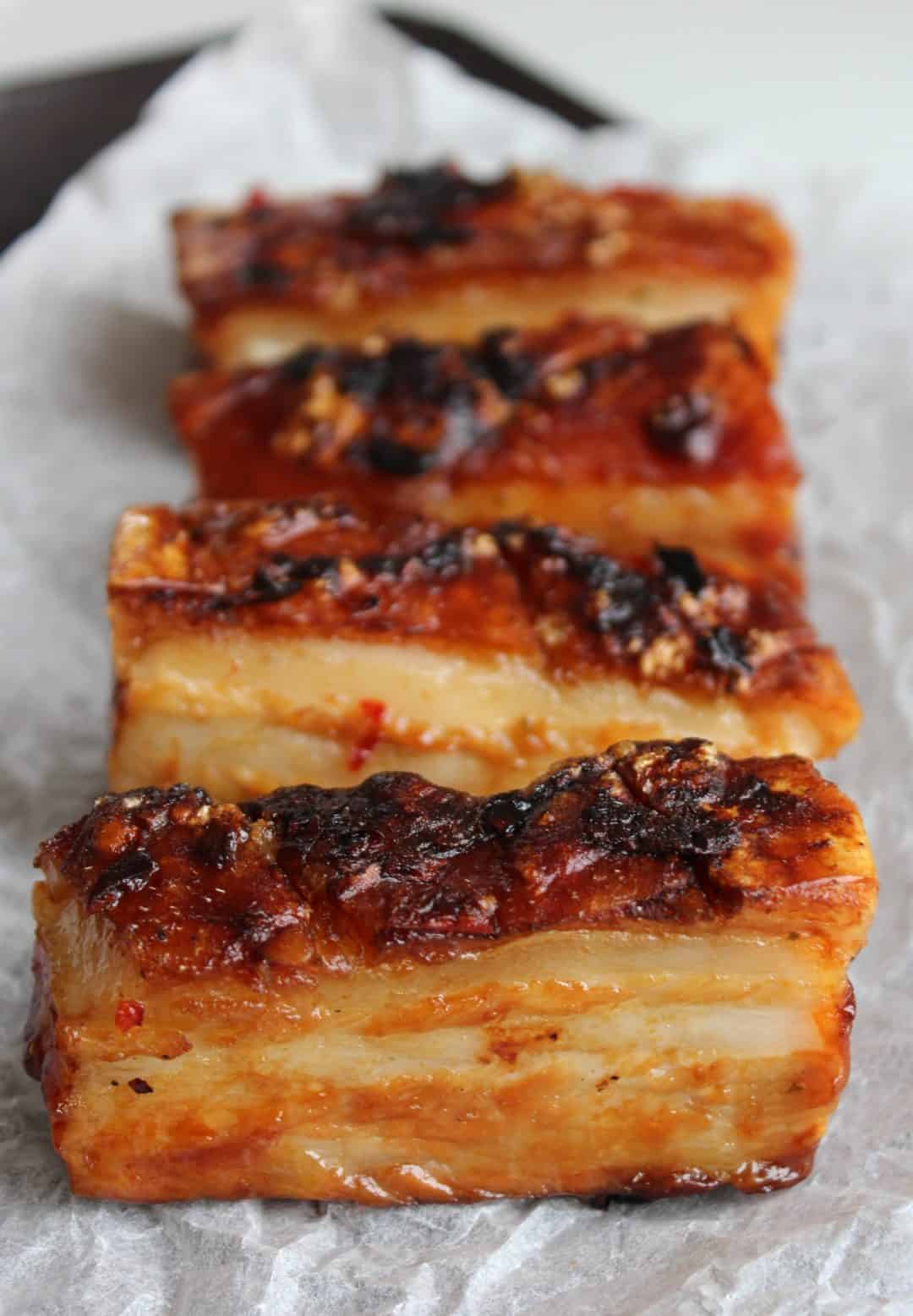 Close up of layers of fat on the pork belly slice