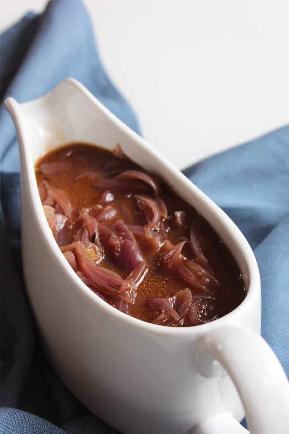 This onion gravy is a perfect accompaniment to bangers and mash, toad in the hole or a Sunday roast. Made from scratch and full of flavour. Vegetarian.