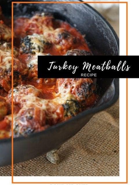 Turkey meatballs in sauce with a text overlay.