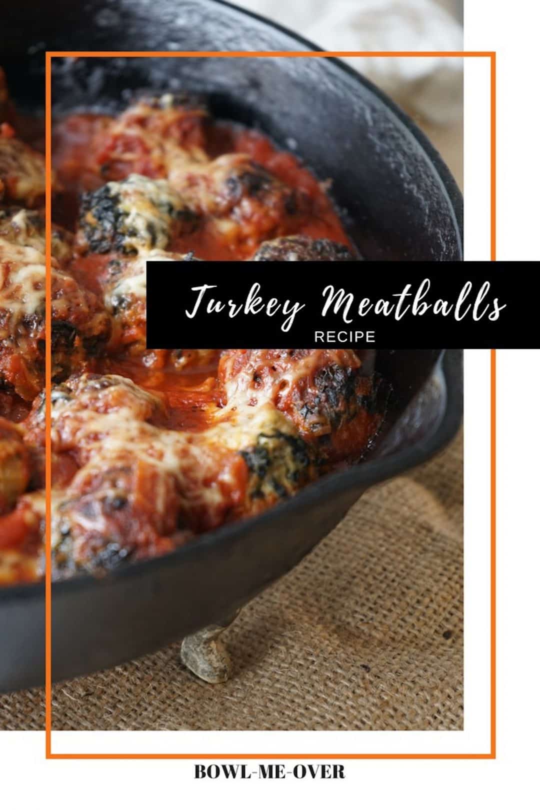 Turkey meatballs in sauce with a text overlay.