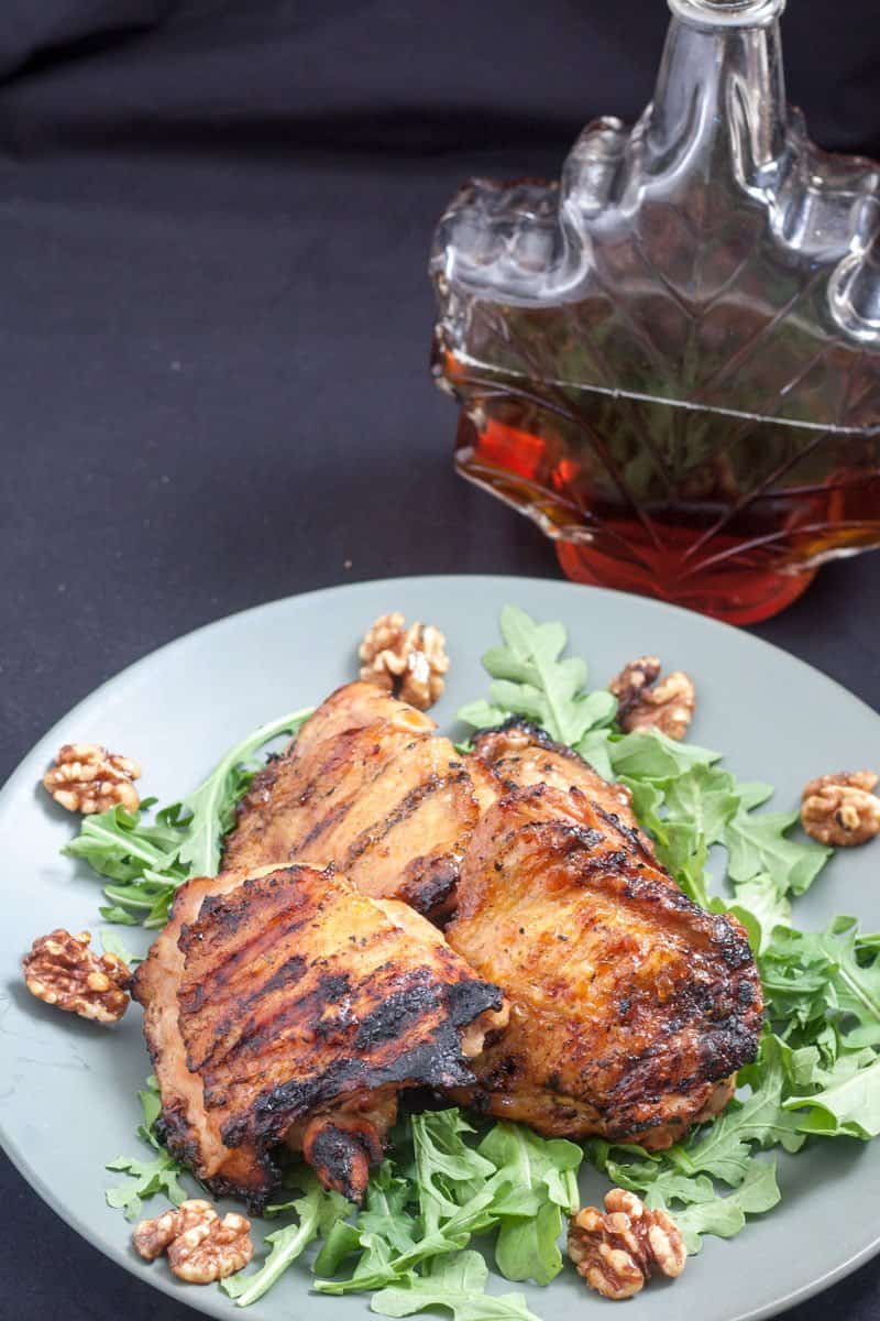These delicious chicken thighs are glazed in maple and cider. Perfect for thanksgiving, Sunday dinner but also super easy for a weeknight meal!