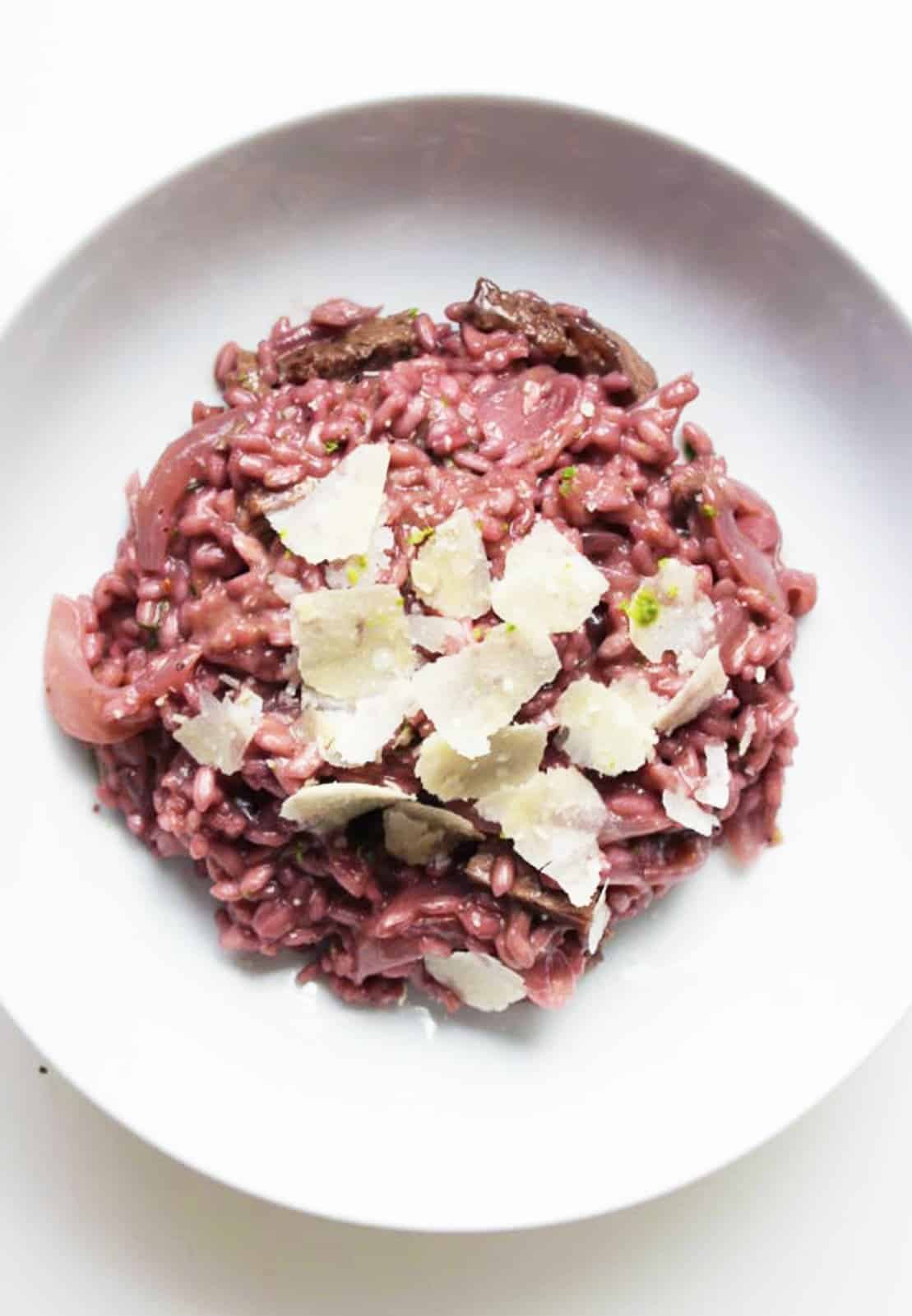 Red Wine Risotto with Steak and Topped With Parmesan