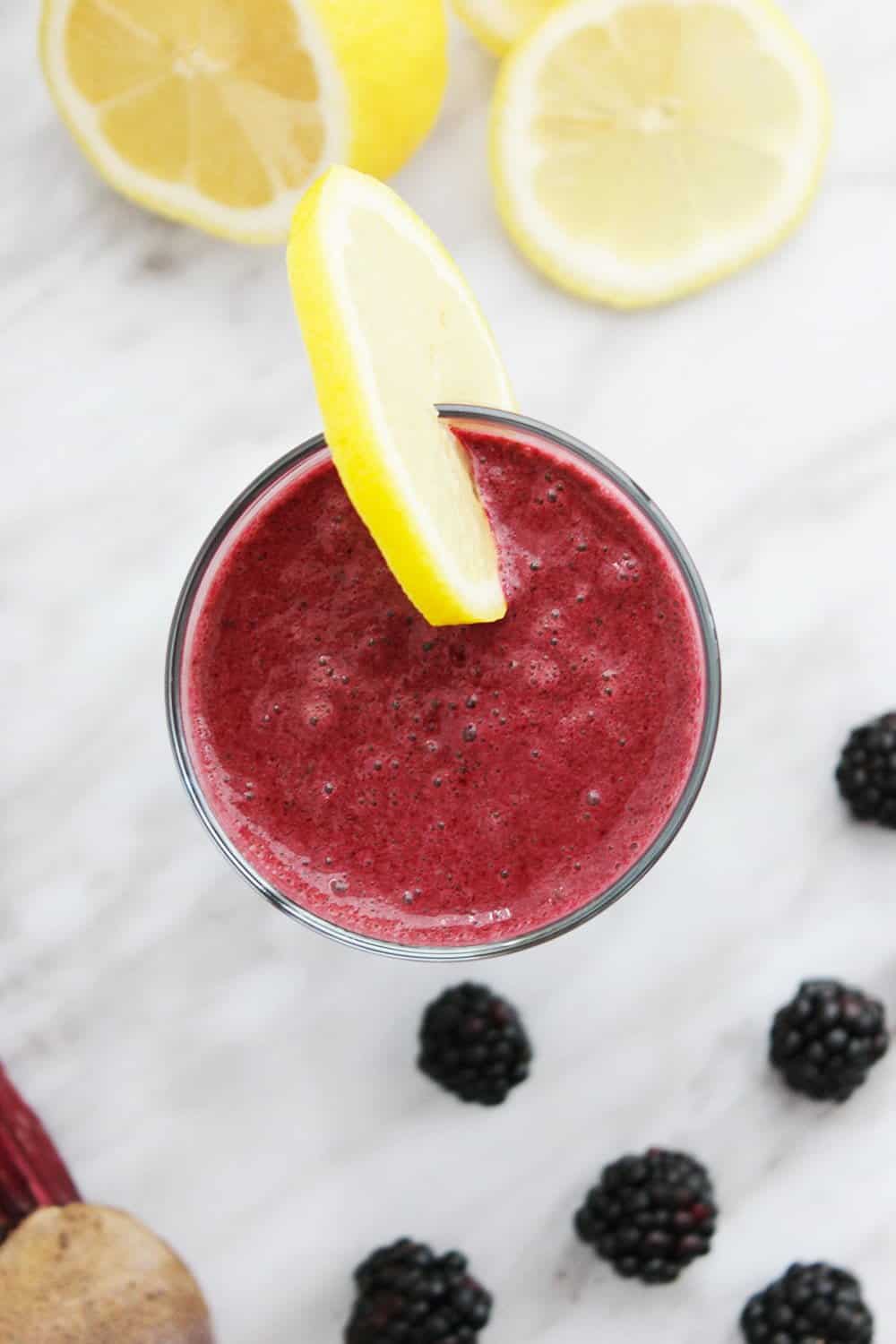 Top down shot of a beet smoothie