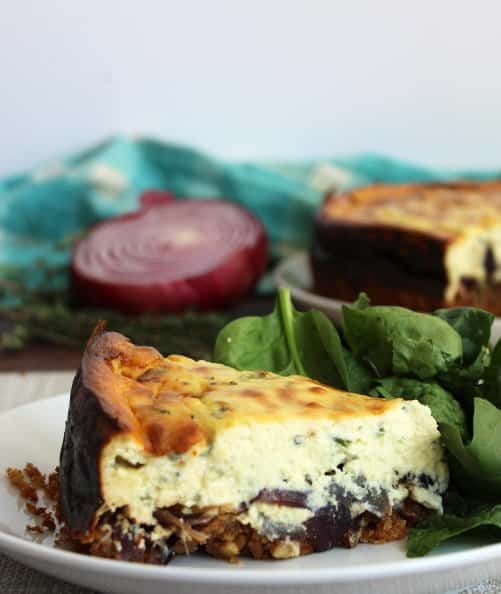 Close up of a slice of savoury cheesecake