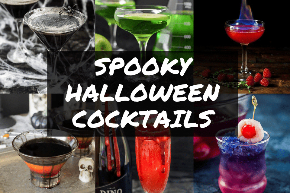 Collage of 6 spooky halloween cocktails.