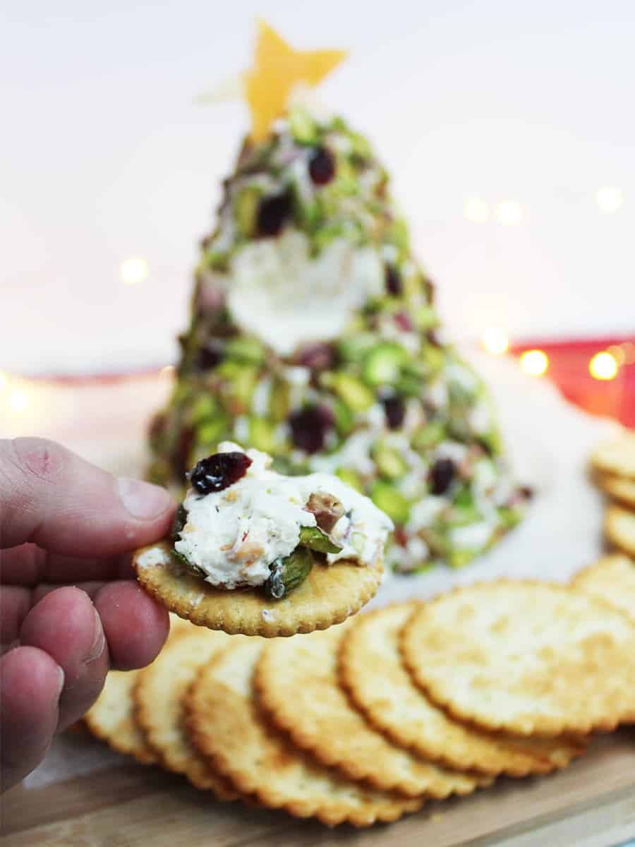 A cracker with soft cheese on it, a christmas tree cheesecake in the background
