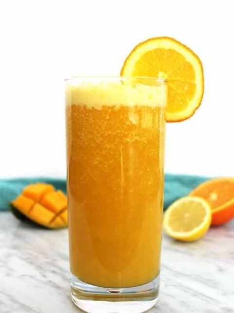 Anti inflammatory smoothie in front of a blue cloth