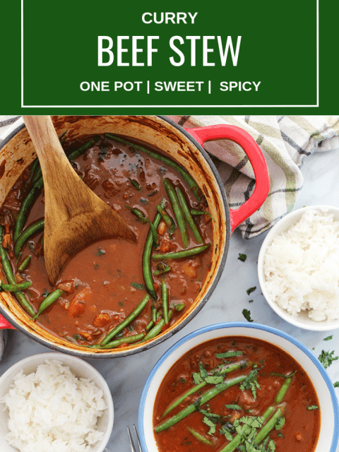 Pinterest Image. Top shot of beef curry stew with text overlay