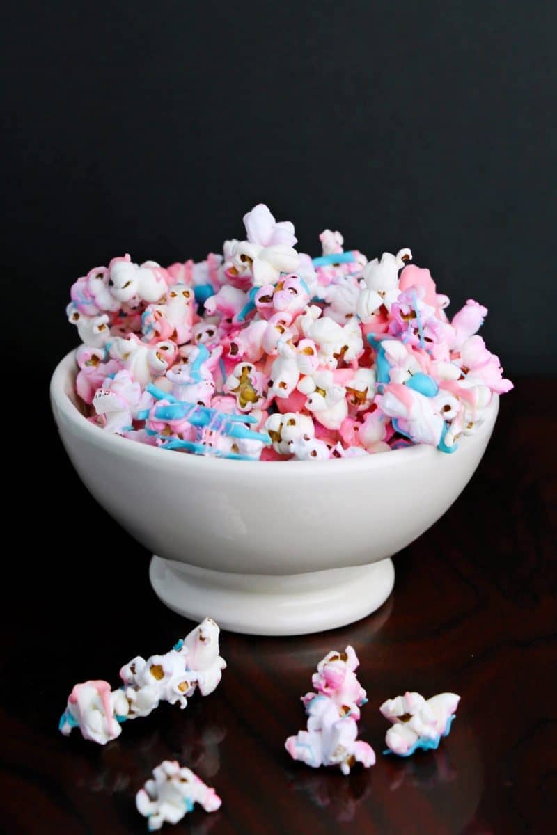 Unicorn popcorn in a white bowl