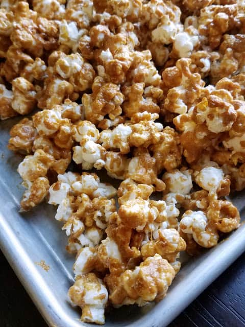 Peanut butter popcorn on a baking tray