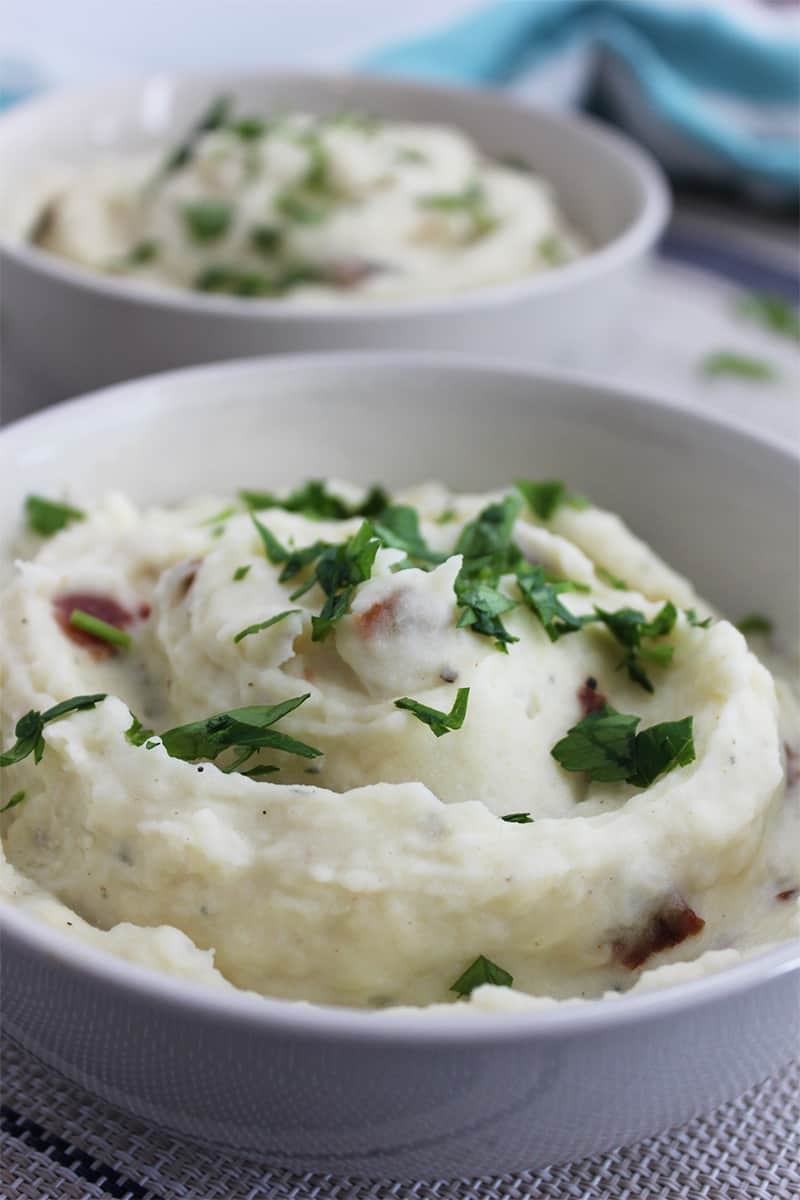 Close up of blue cheese mashed potato in a bowl