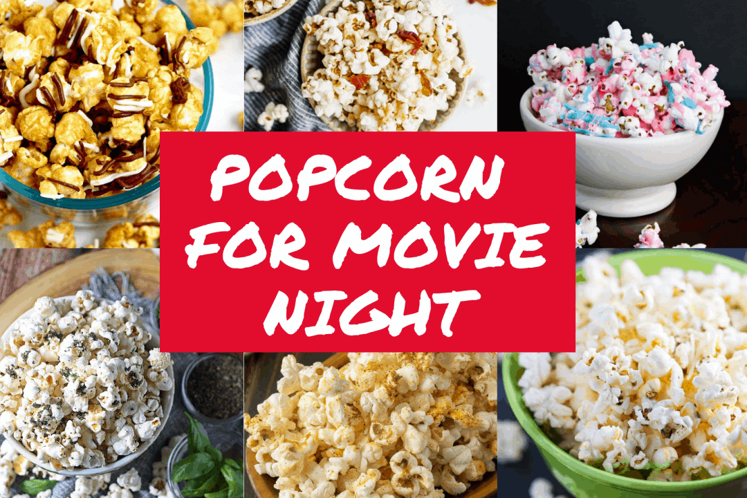 Collage of popcorn shots with text overlay 'Popcorn for Movie Night"