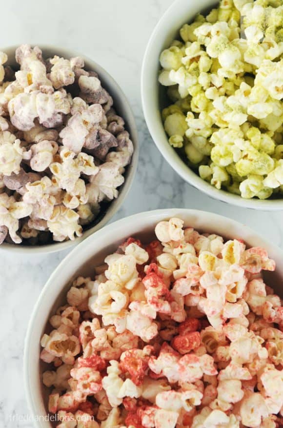 Three bowls of rainbow popcorn