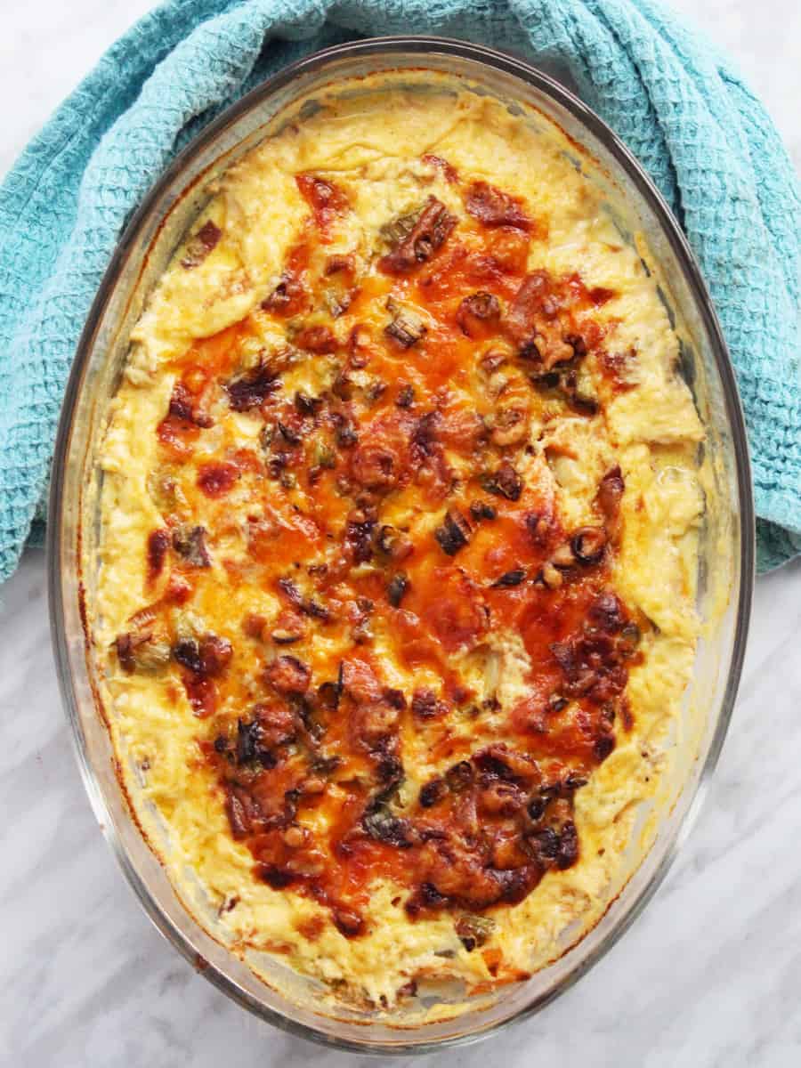 Top down shot of sweet potato dauphinoise in a glass dish