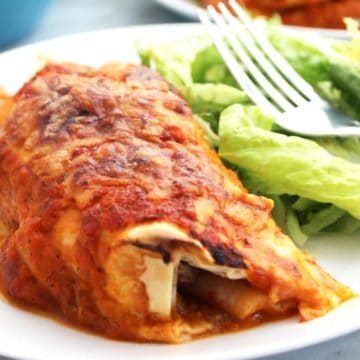 Close up of a Mexican Chili Beef enchilada on a white plate