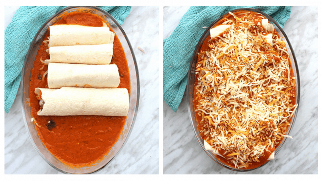 Process collage. Enchiladas in a casserole bowl before and after sauce is added
