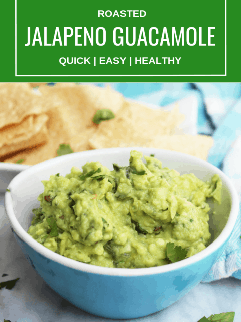 Pinterest image. Close up of jalapeno guacamole with text overlay