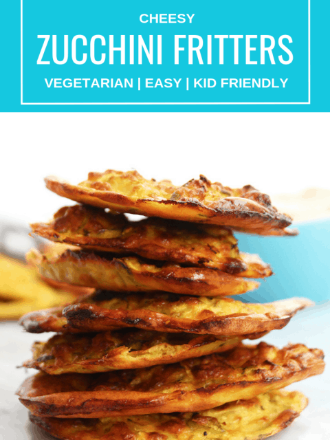 Pinterest image. A stack of Cheesy Baked Zucchini fritters with text overlay