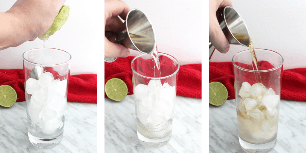 Three process shots. Lime juice, vodka and rum being poured over a glass filled with ice
