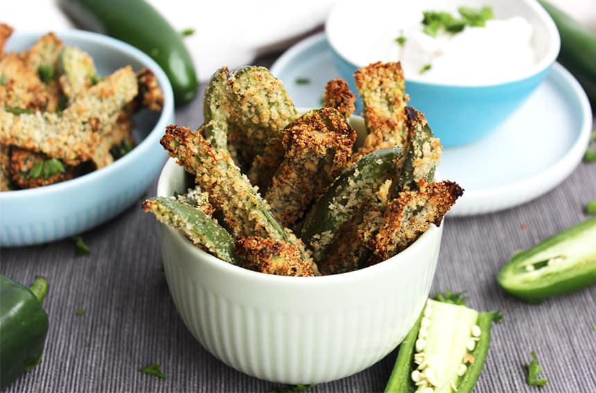 Crispy jalapeno fries in a white bowl