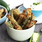 Close up of crispy jalapeno fries stacked in a tall bowl