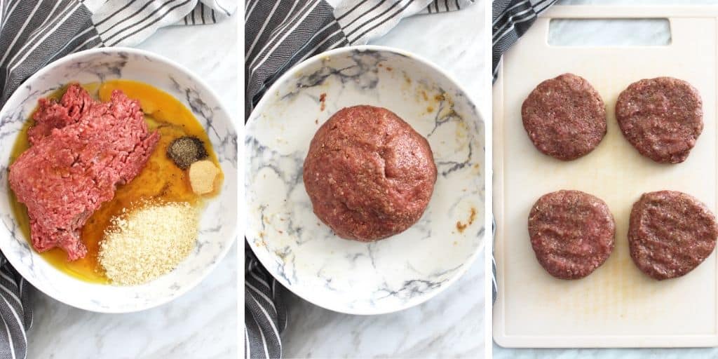 Process shots of how to make honey and truffle burgers. Raw ingredients rolled into a ball and shaped into patties