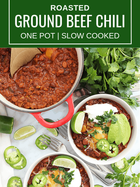 Pinterest image. Two bowls of roasted ground beef chili with text overlay