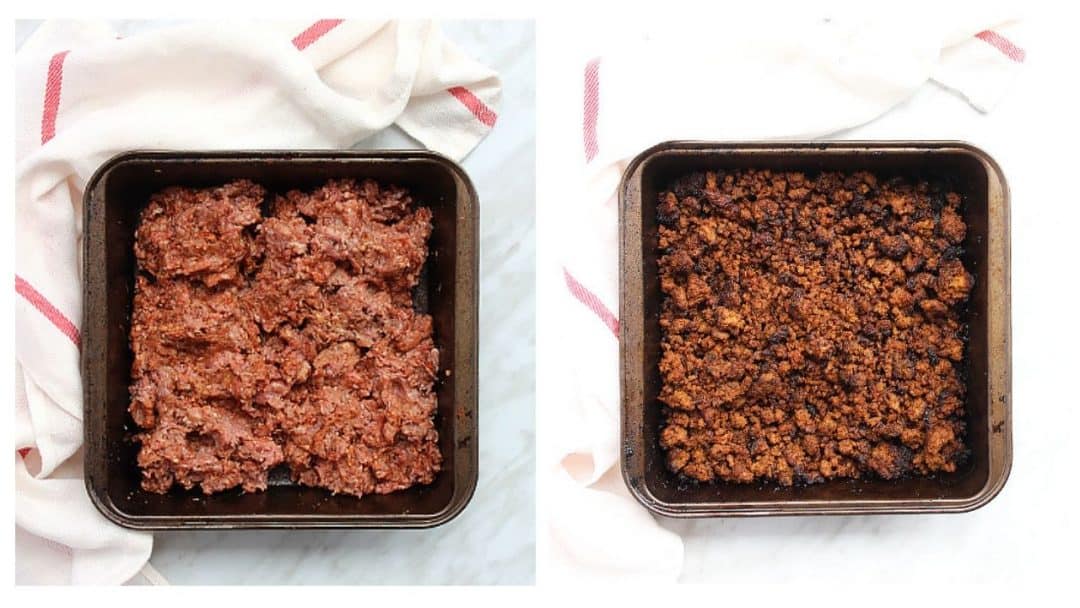 Process shots. Ground beef before and after cooking