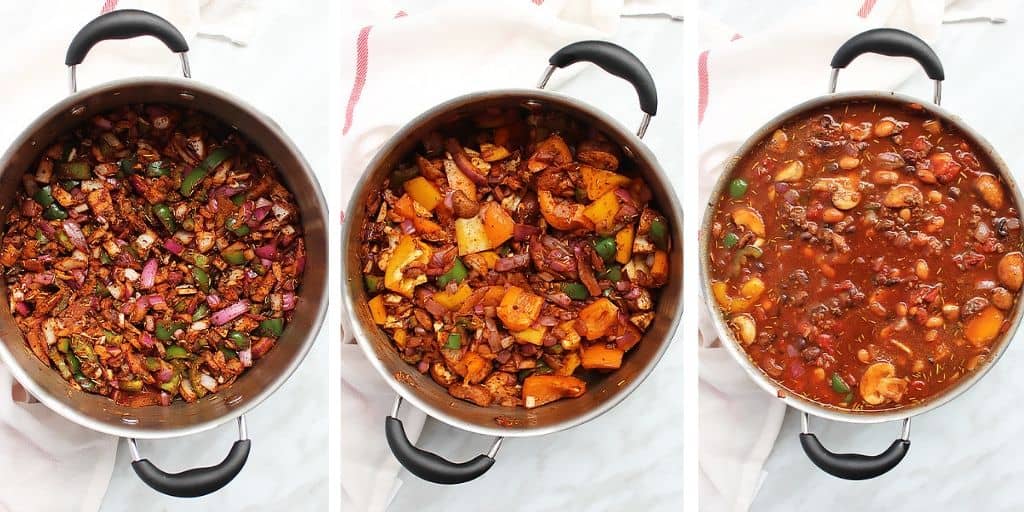 Process shot collage-herbs and spices being cooked with vegetables and liquid added