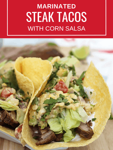 Pinterest image. A steak flank taco with text overlay