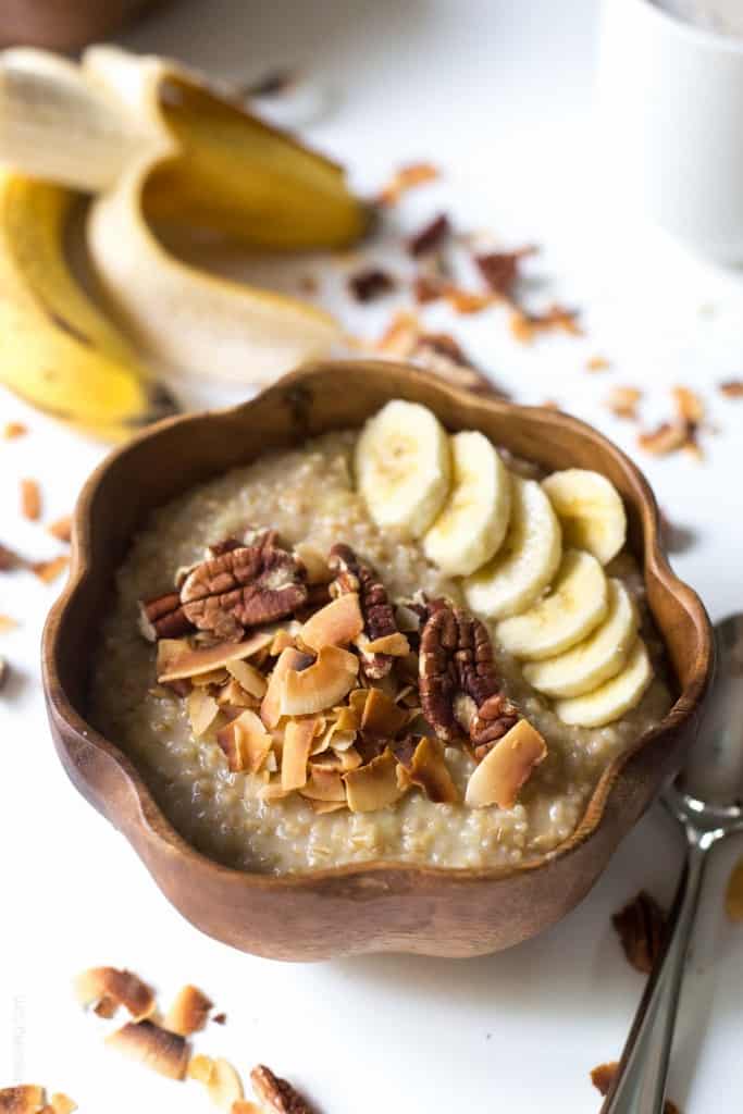 coconut oatmeal in a brown bowl