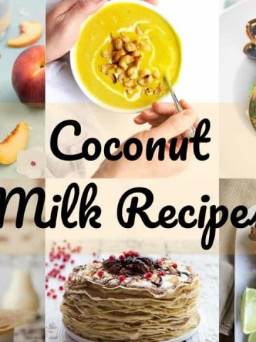 Six pictures of coconut milk recipes with text overlay
