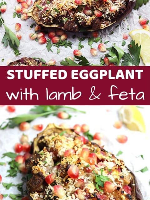 Pinterest graphic. Two pictures of stuffed eggplant with text strap