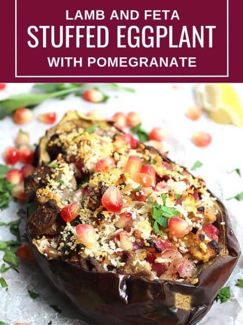 Pinterest graphic. Stuffed eggplant with a text overlay