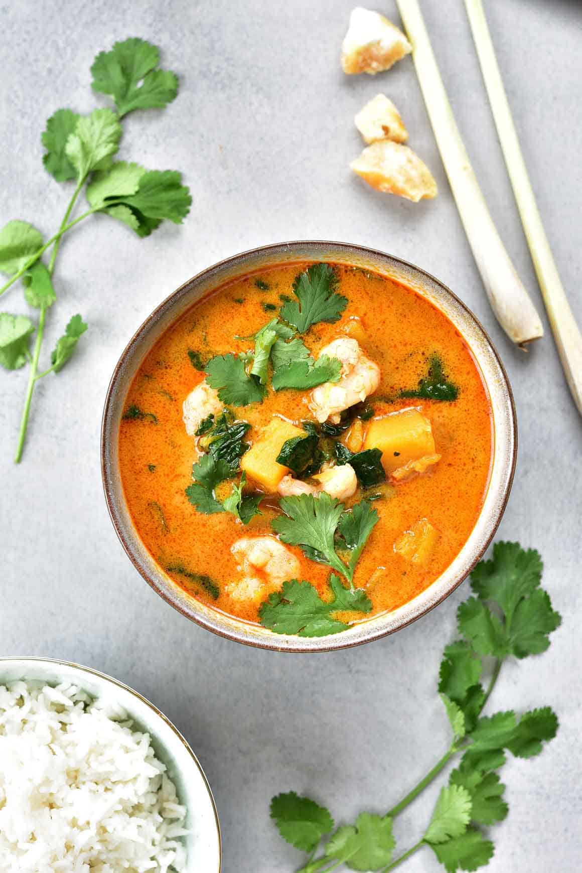 Thai red curry in a white bowl