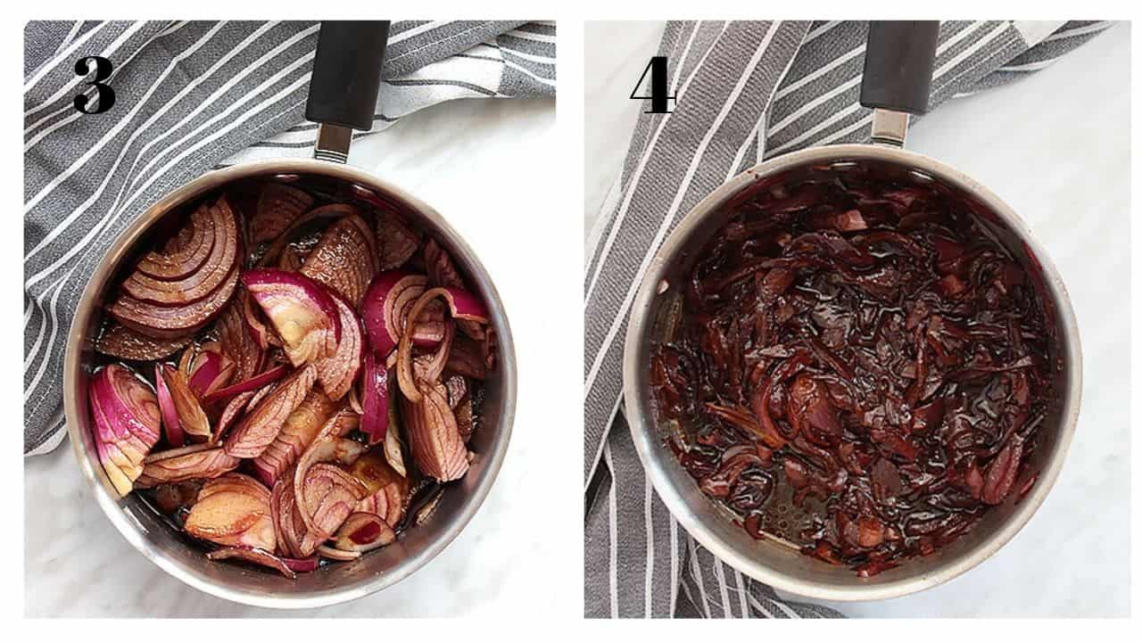 Two shots showing the red onions before and after cooking