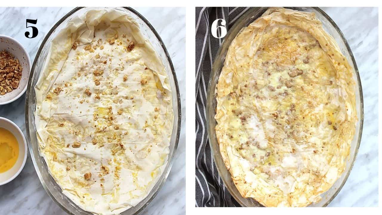 Two process shots to show how to make the filo pastry - before and after cooking