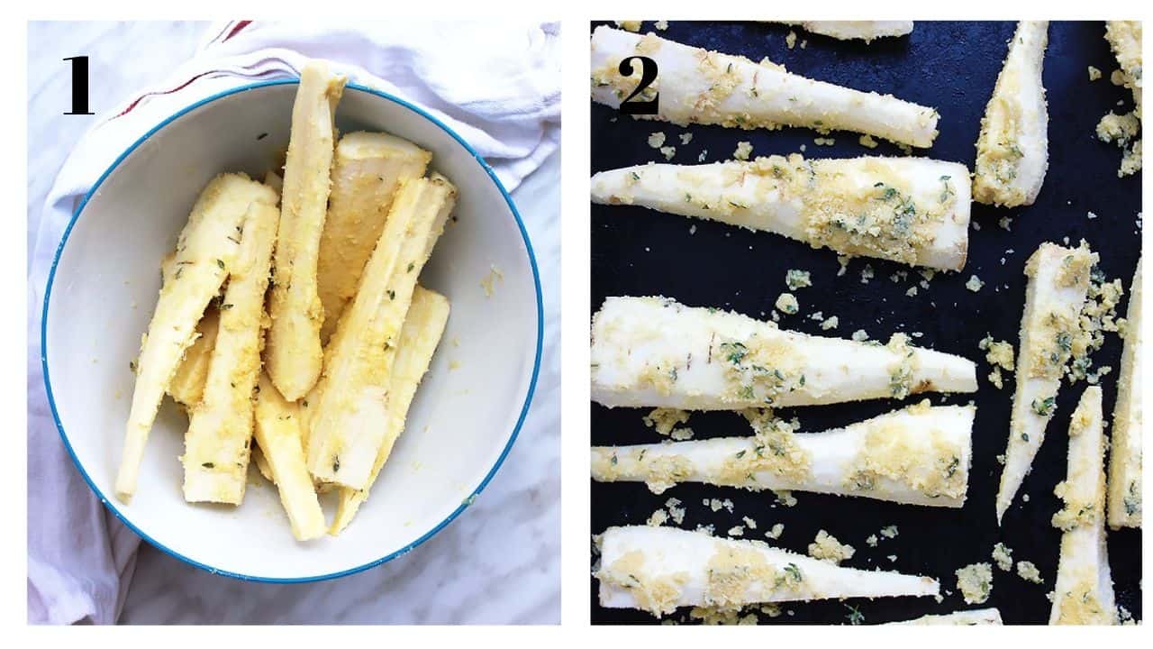 Process shots to show how to prep the parsnips