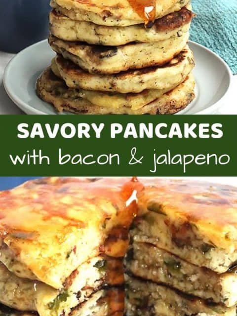 Pinterest image. Two photos of savory pancakes with a text overlay