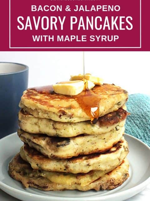 Pinterest graphic. A stack of savory pancakes with text overlay