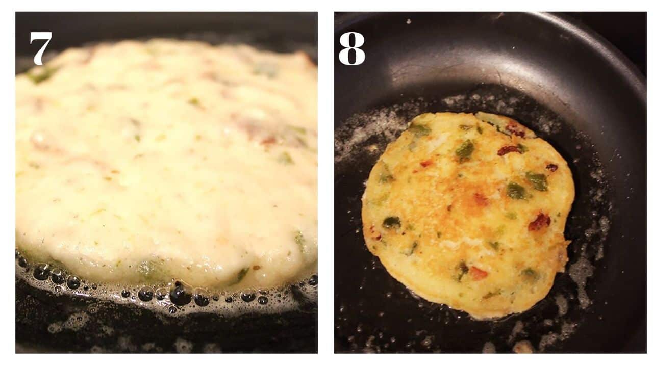 Two photographs to show the pancakes cooking in a frying pan