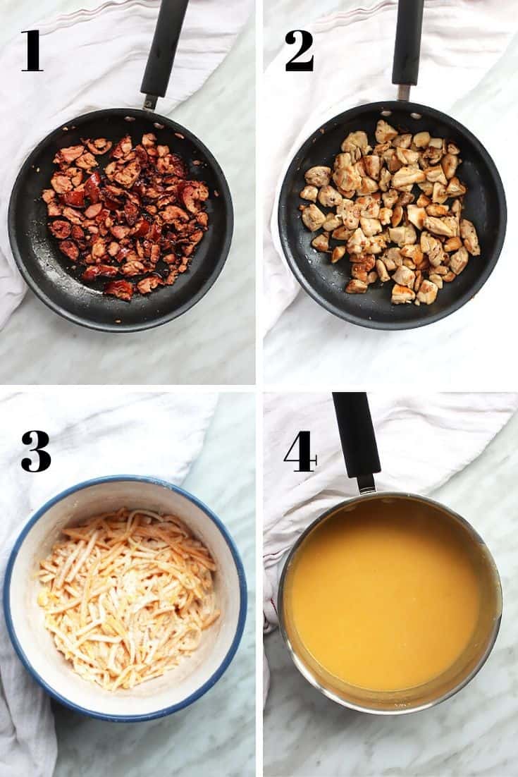 Four shots to show the fried chicken and chorizo and how to make the cheese sauce
