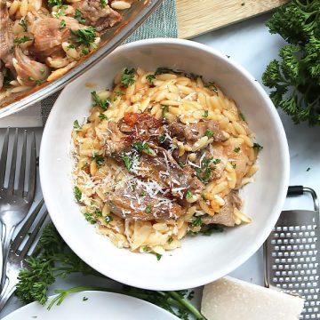 The lamb and orzo stew in a white bowl garnished with fresh herbs