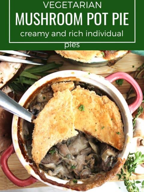 Pinterest graphic. Photo of a vegetarian mushroom pot pie with text overlay