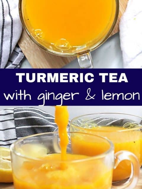 Pinterest image, two photos of turmeric tea with a text separator.