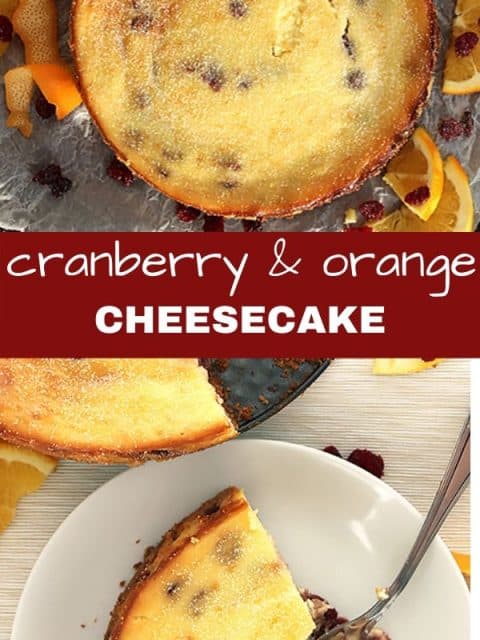 Pinterest image. Two shots of the cheesecake with a text separator